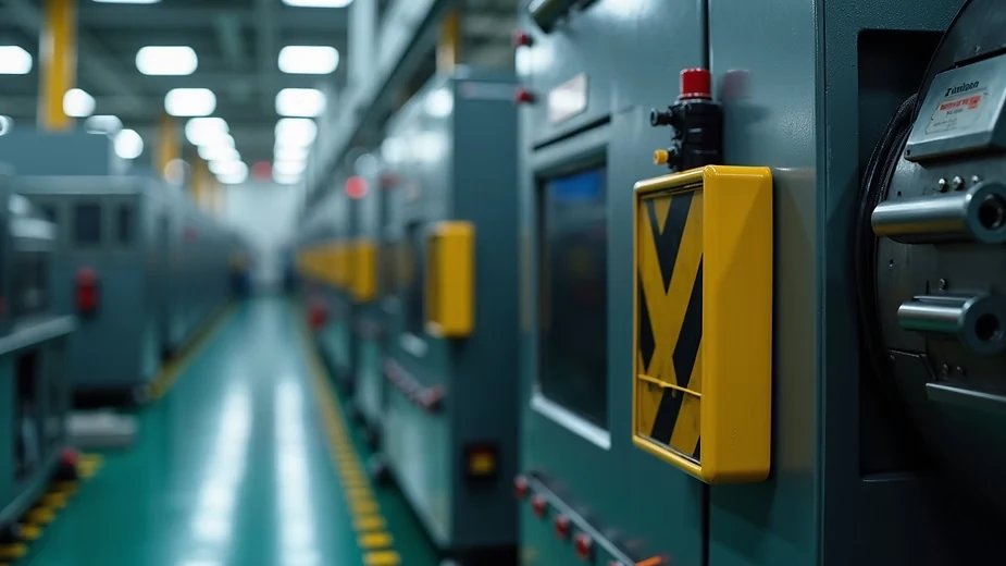 Close-up view of industrial machine with safety guards